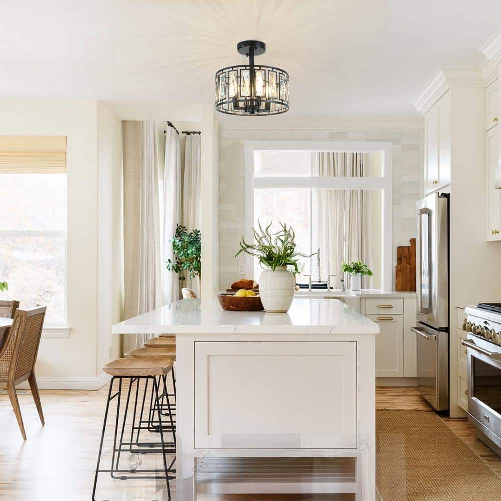 12.5 in. 4-Light Modern Small Crystal Black Semi Flush Mount Ceiling Light for Kitchen Island Dining Room - Hercitys