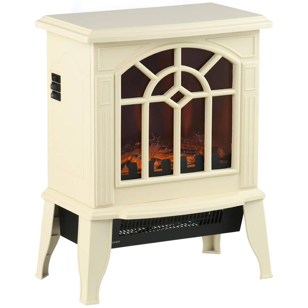 14.25 in. Freestanding Electric Fireplace in Cream White w/ Realistic Logs and LED Flame, Overheat Protection 750W/1500W - Hercitys