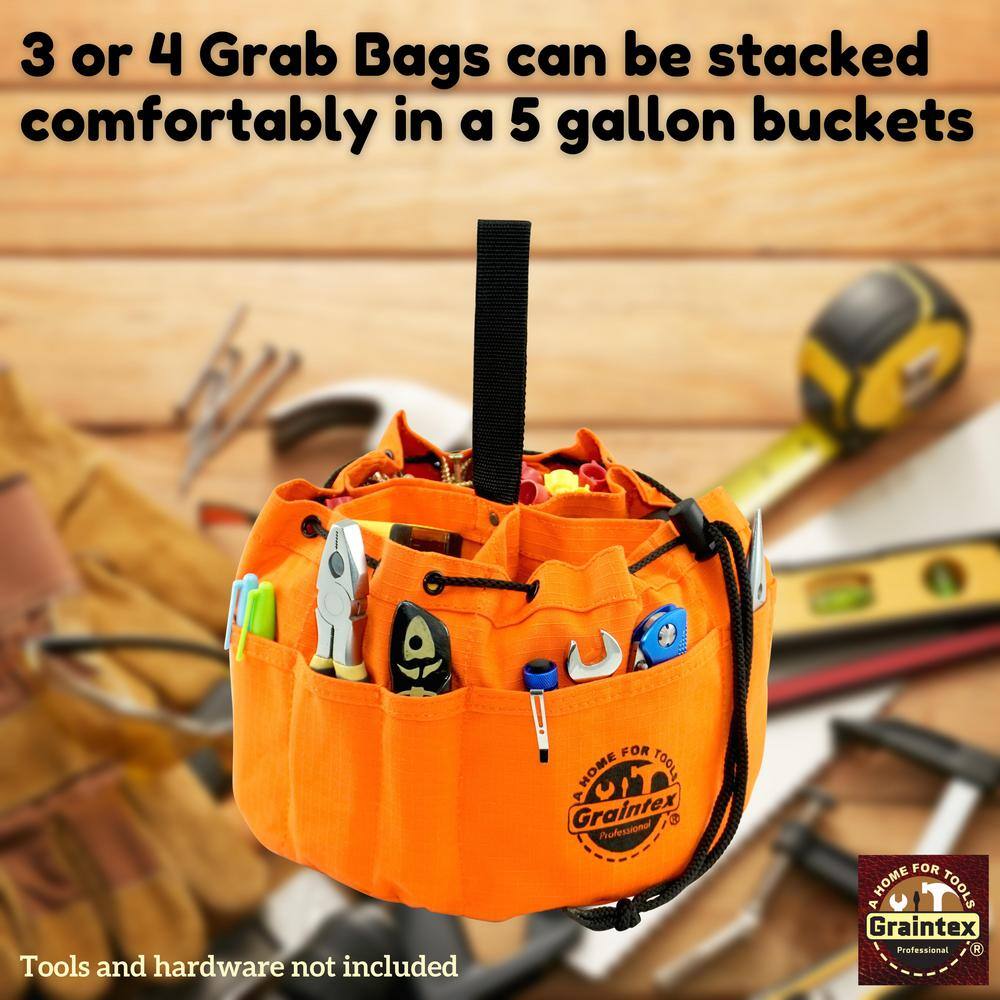 10 in. 6-Pocket Grab Tool Bag with Drawstring Closure in Orange Canvas - Hercitys