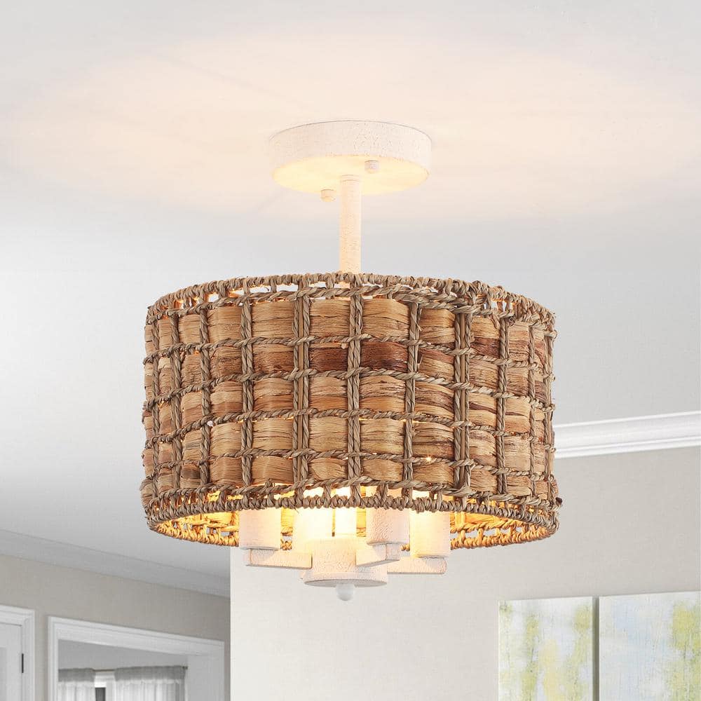11.81 in. 4-Light Distressed White Drum Natural Rattan Seagrass Semi Flush Mount Ceiling Light with No Bulbs Included - Hercitys