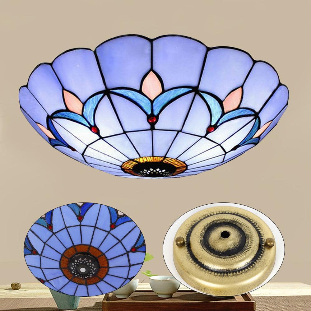11.81 in. 2-Light Blue Modern Mediterranean Flush Mount Ceiling Light with Stained Glass Shade, No Bulbs Included - Hercitys