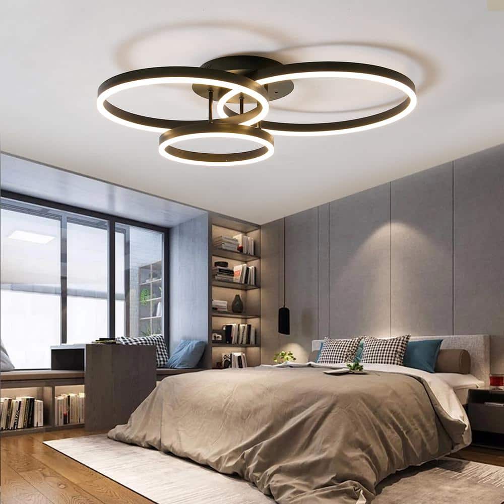 31 in. 3-Light Black Dimmable LED Semi-Flush Mount for Living Room Bedroom - Hercitys