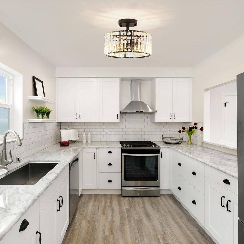 11.8 in. 3-Light Black Modern Drum Semi-Flush Mount Ceiling Light With Crystal Shade - Hercitys