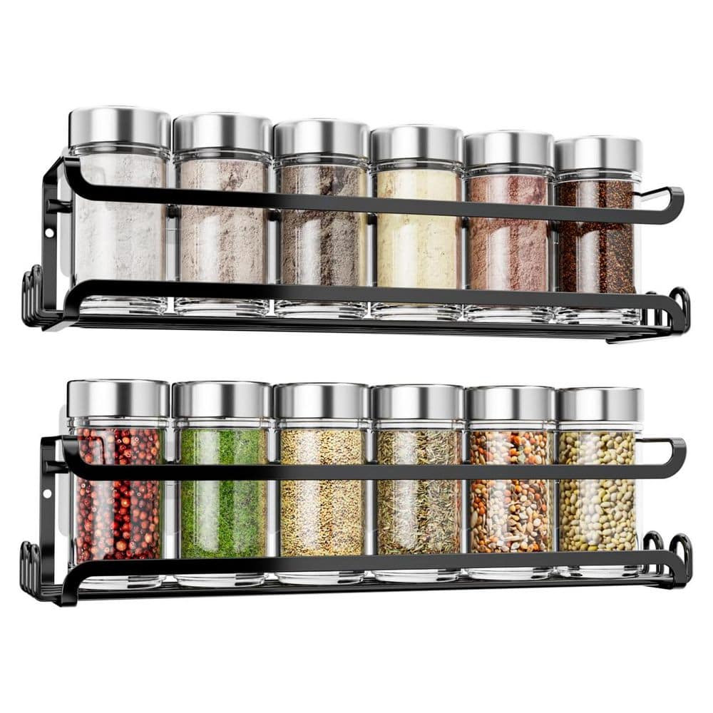 2 Pack Wall Mounted Spice Rack with 8 Hooks Black Adhesive or Screw Installation for Kitchen and RV Use - Hercitys