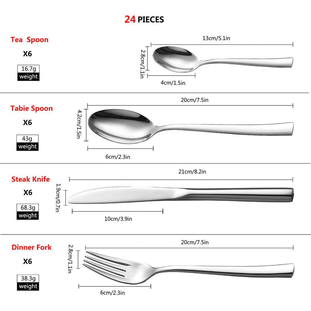 24-Piece 18/8 Silver Stainless Steel Flatware Set Knife Fork Spoon Set (Service for 6) - Hercitys
