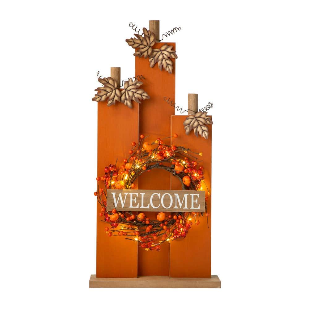 30 in. H Fall Lighted Wooden Pumpkin Decor with Wreath - Hercitys