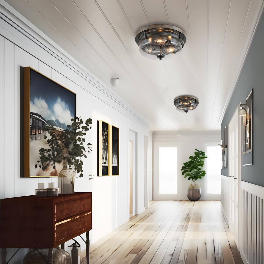 13.5 in. 3-Light Bronze Flush Mount Ceiling Light with Drum Clear Seeded Glass Shade and Round Faux Aged Wood Plate - Hercitys