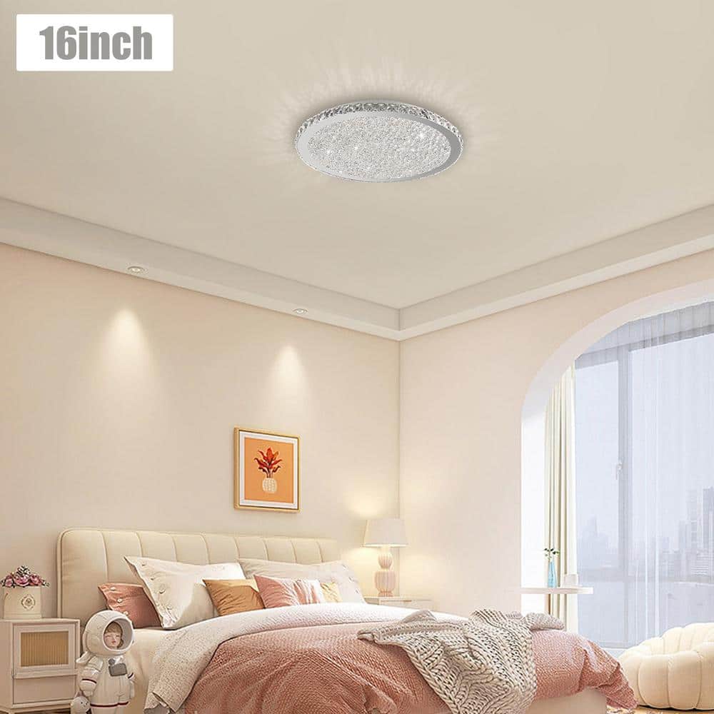16 in. Chrome Modern Crystal Integrated LED Flush Mount Ceiling Light with Acrylic Shade for Living Room Bedroom - Hercitys