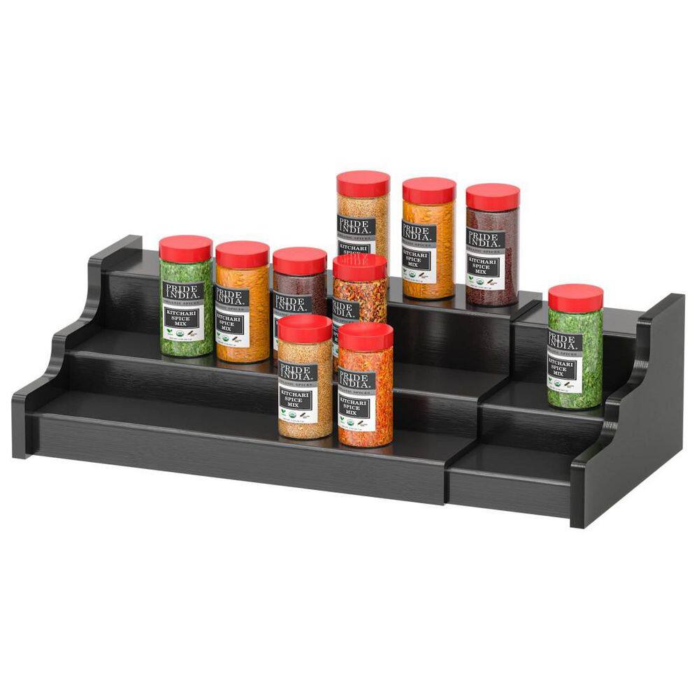3-Tier Black Bamboo Spice Rack, 12.7 in.-22.2 in. Expandable Display Shelf, Kitchen Cabinet Organizer - Hercitys