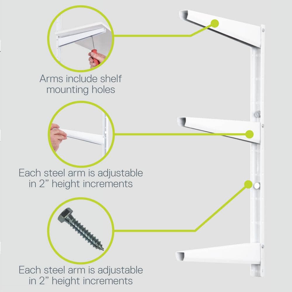 1.5 in. W x 12 in. D x 21 in. H White Heavy Duty Wall Rack, Holds 480 lbs., Adjustable 3-Tier Steel Garage Wall Shelf - Hercitys