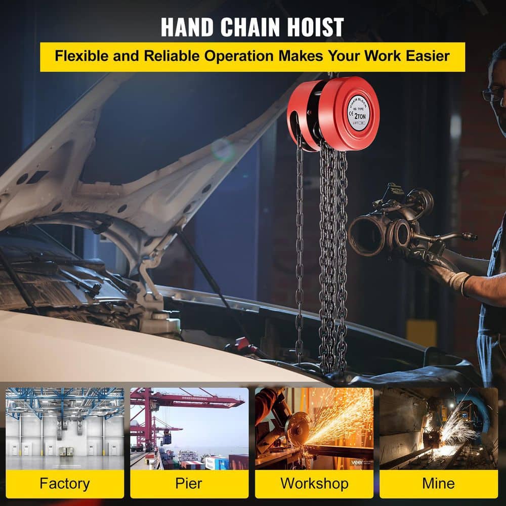 2-Ton Hand Chain Hoist 4400 lbs. Capacity and 7 ft. Lift Manual Hoist for Lifting Good in Transport and Workshop, Red - Hercitys