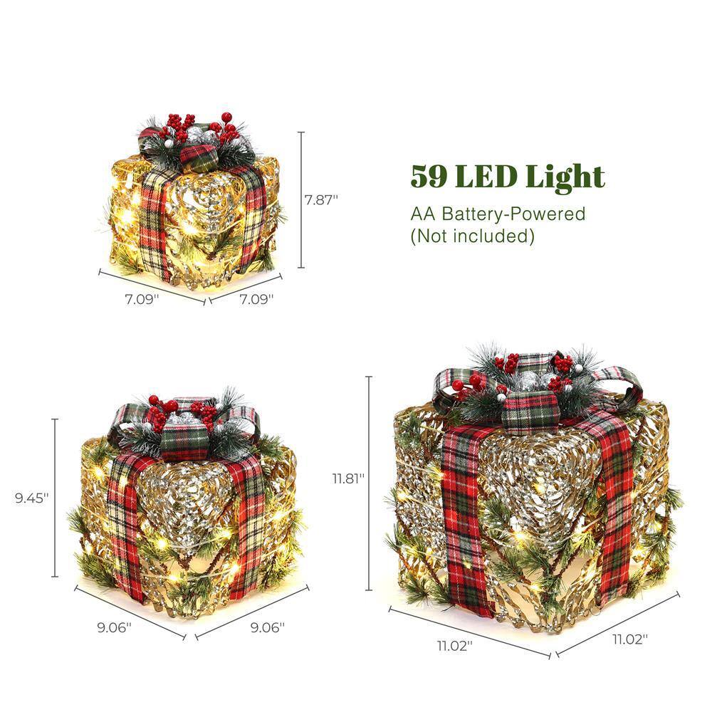 11.81 in. H 3-Piece Artificial Pine Branches Giftbox Holiday Decoration Set with Battery Operated Christmas Lights - Hercitys