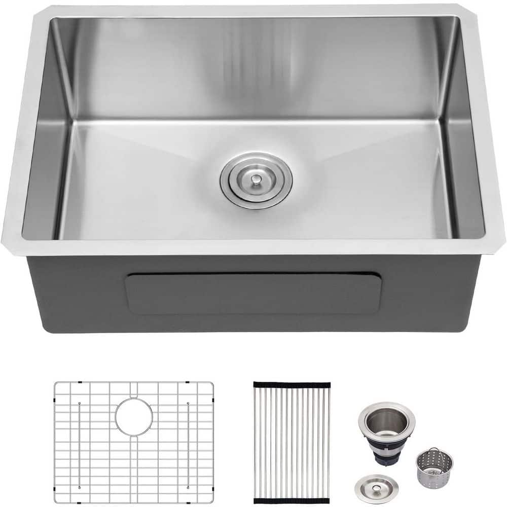 23 in. Undermount Kitchen Sink Single Bowl 16-Guage Stainless Steel Sink with Bottom Grid - Hercitys