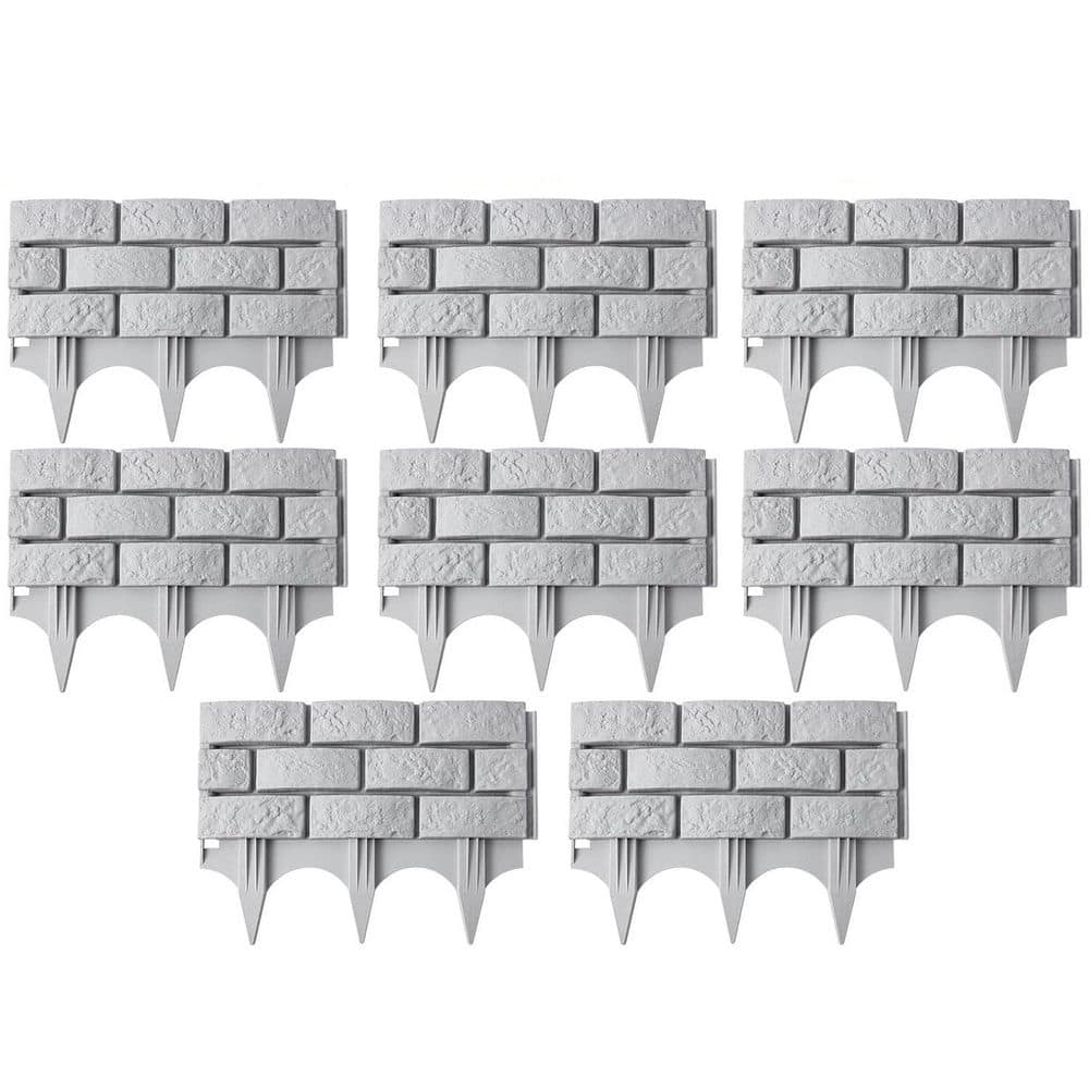 11.33 ft. x 7.5 in. Gray No Dig Plastic Wall Block Landscape Edging for Mulch Flower Bed Patio Lawn Path Walkway 8-Piece - Hercitys