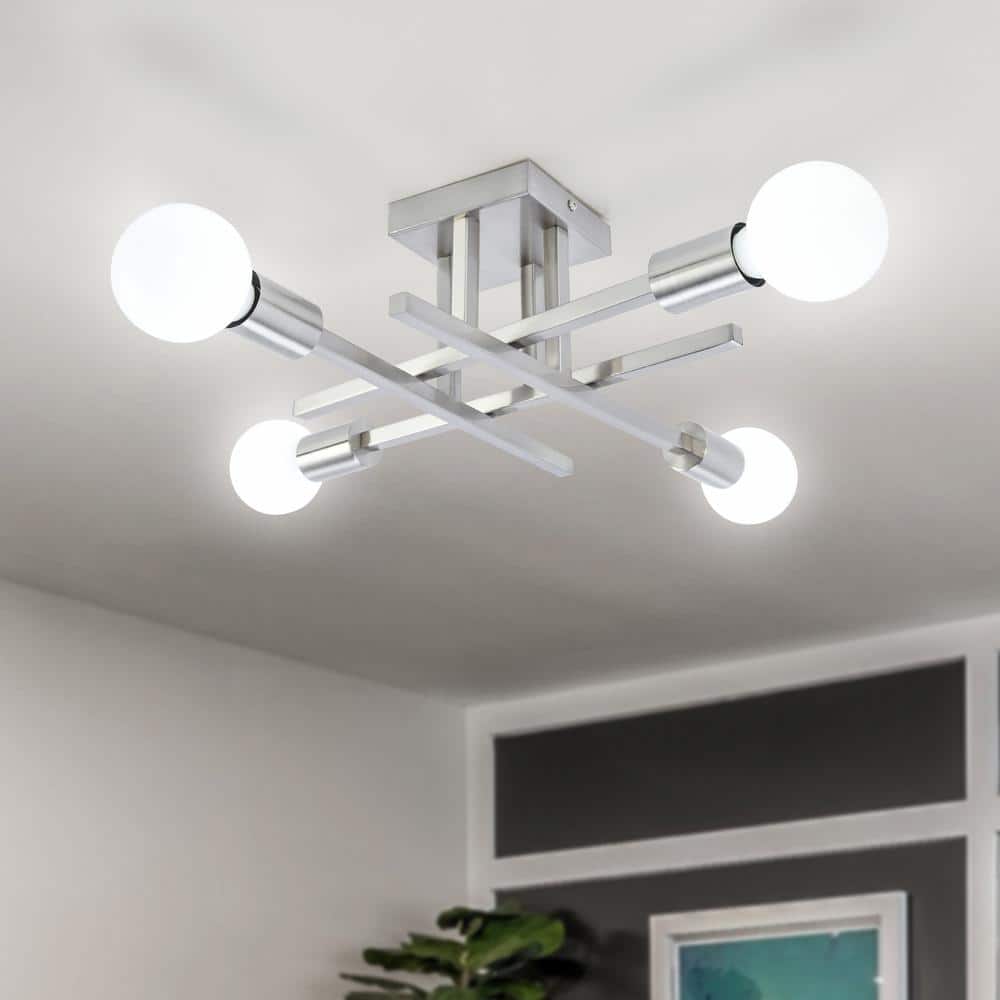 18.11 in. 4-Light Nickel Dimmable Sputnik Linear Chandelier Semi Flush Mount Chandelier for Living Dining Room Foyer - Hercitys