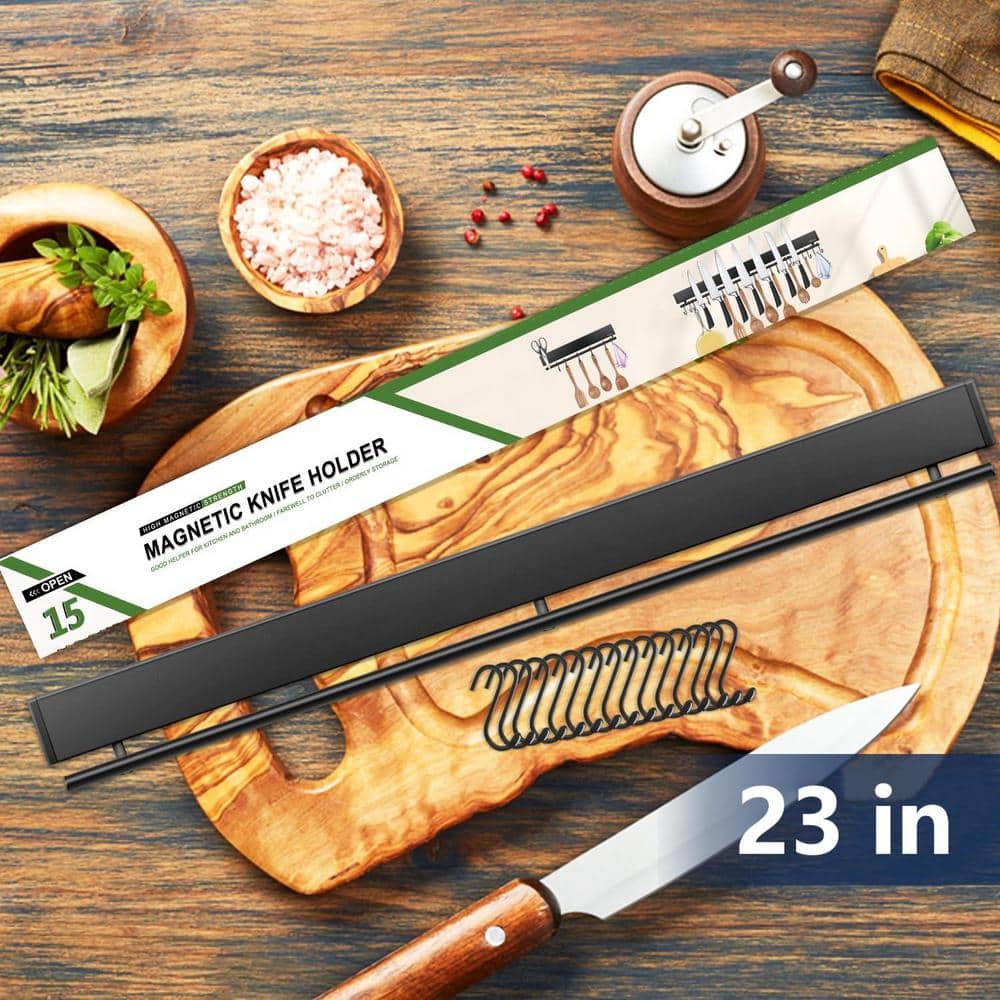 12-Knife 23 in. Stainless Steel Magnetic Knife Holder with 15 Hooks, Black Knife Magnetic Strip, Magnetic Knife Bar - Hercitys