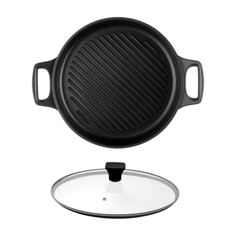 12 in. Round Cast Aluminum Griddle Pan, Nonstick Grill Pan in Black with Lid for Stovetop - Hercitys