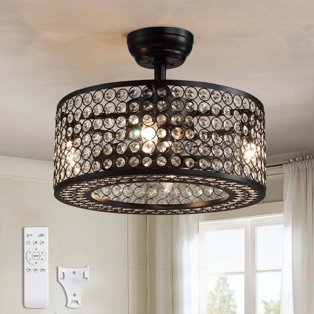 17 in. Indoor Crystal Caged Ceiling Fan with Lights and Remote Enclosed Ceiling Fan Small Black Fandelier - Hercitys