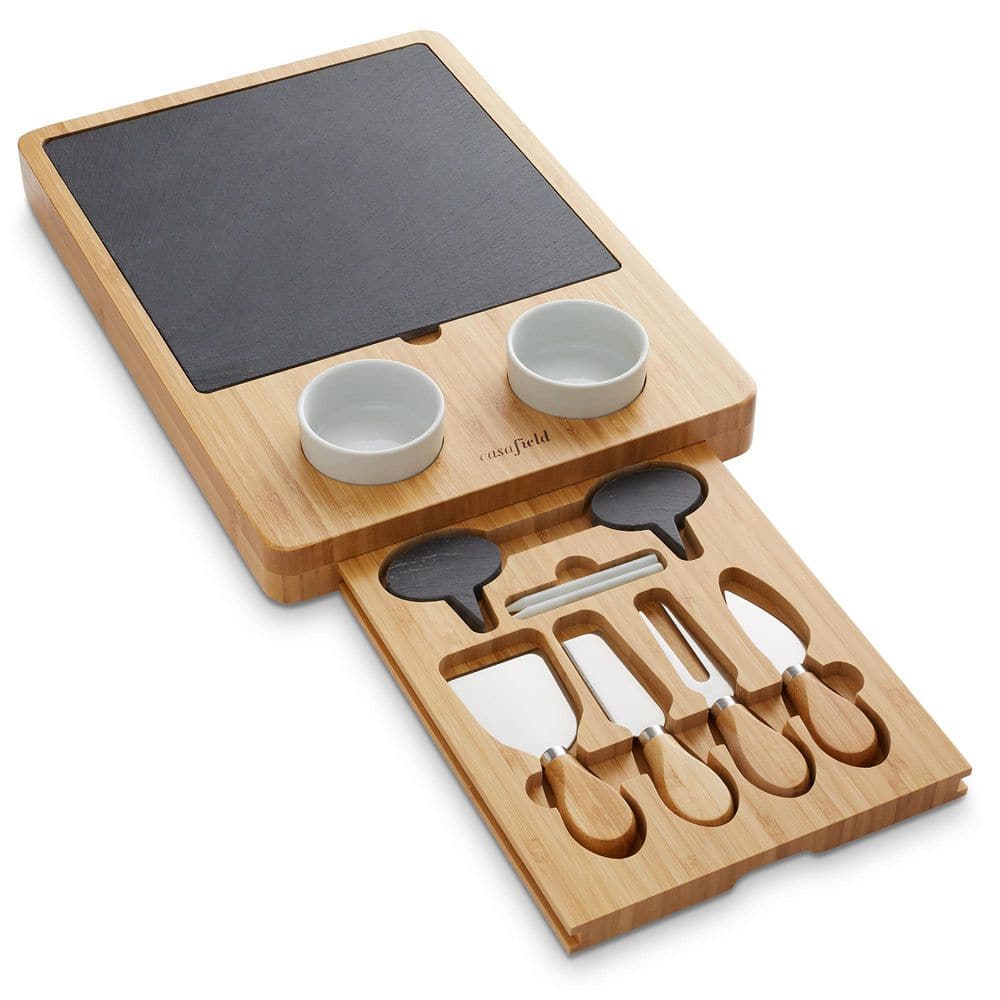 15.25 in. Traditional Natural Brown Bamboo Cheese Board Charcuterie Gift Set with Cheese Knives and Dip Bowls - Hercitys