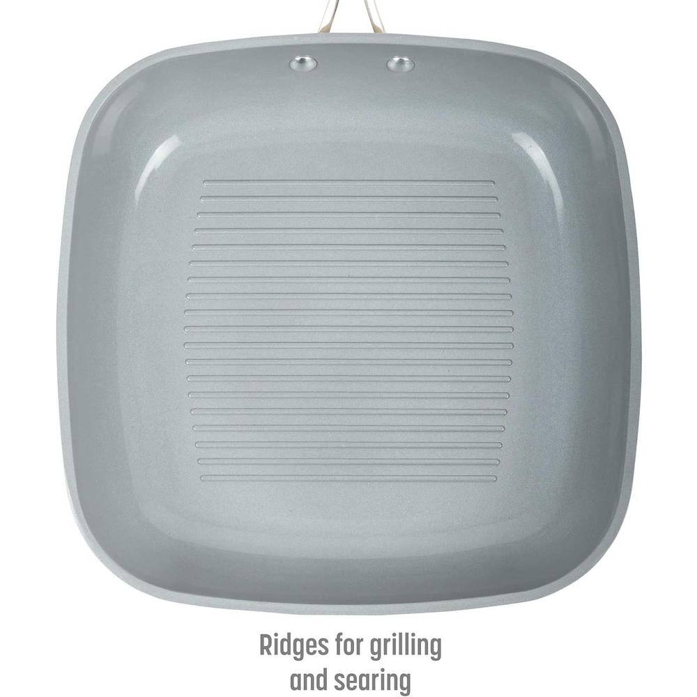 11 in. Ceramic Non-Stick Coating Dishwasher Safe Square Grill Pan in Cream with Comfort Grip Stainless Steel Handle - Hercitys