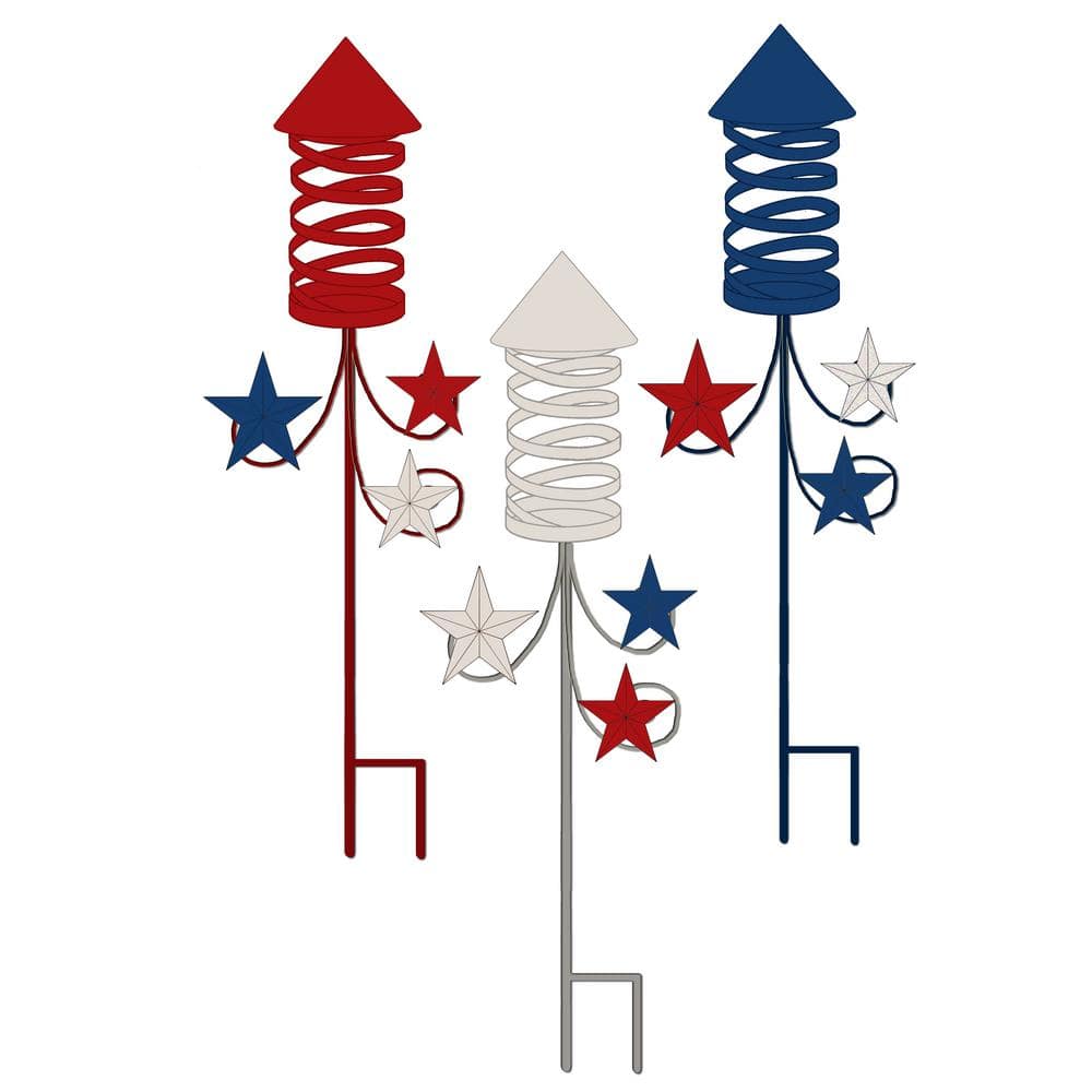 33 in. Metal Fourth of July Americana Rocket Fireworks Yard Stake (Set of 3) - Hercitys