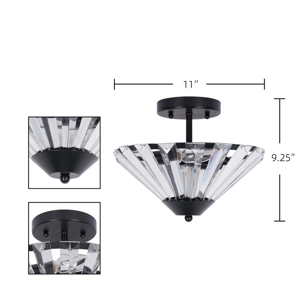 11 in. 2-Light Matte Black Transitional Semi-Flush Mount with Clear Glass Faceted Shade and No Bulbs Included - Hercitys