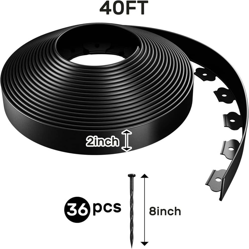 40 ft. Black Plastic Garden Edging with 36 Stakes, 2 in. Height, No-Dig Landscape Border - Hercitys
