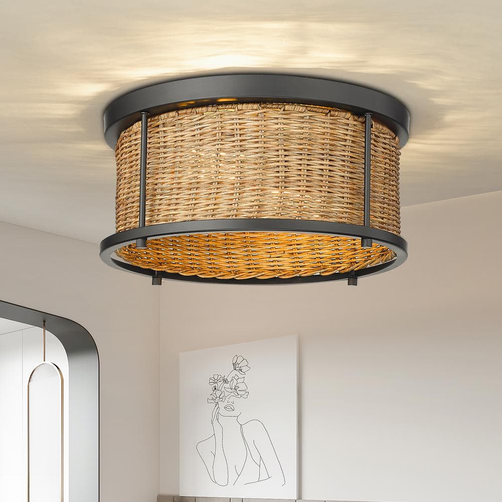 11.75 in. 2-Light Natural Bohemian Rattan Flush Mount Ceiling Light - Hercitys