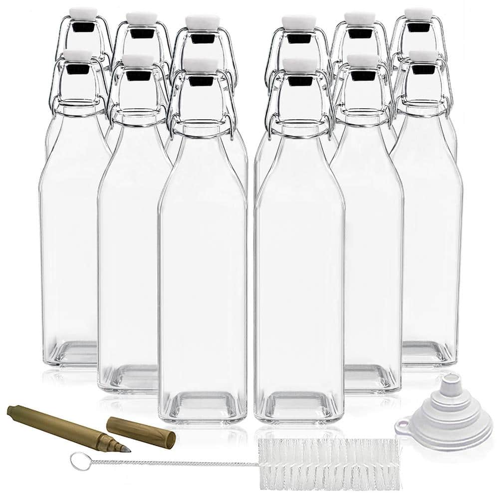 17 oz. Square Glass Bottles with Swing Top Stoppers, Bottle Brush, Funnel, and Glass Marker (Set of 12) - Hercitys