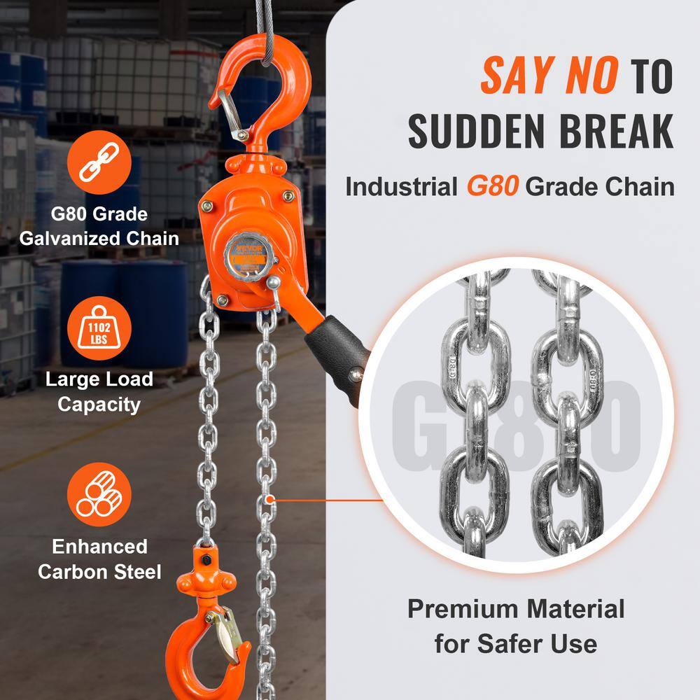 1/2 Ton Manual Lever Chain Hoist 5 ft. Long Chain Hoist with 360° Rotation Hook and Double-Pawl Brake - Hercitys