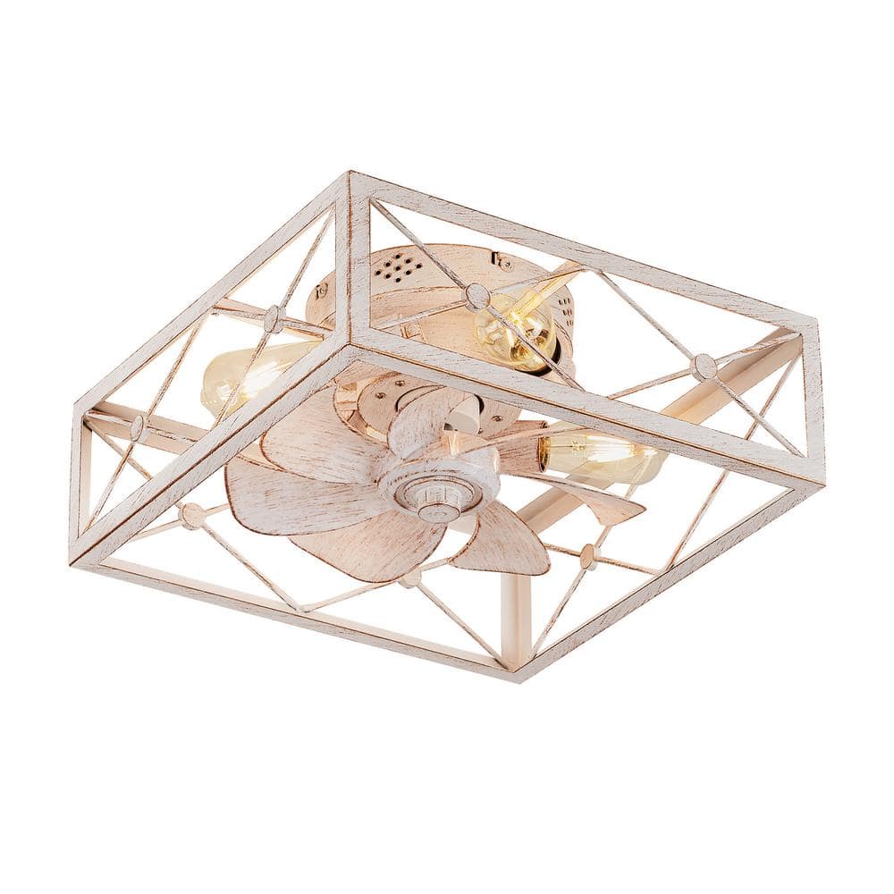 16 in. Low Profile Indoor Caged White Flush Mount Small Ceiling Fan with Light and Remote Control - Hercitys