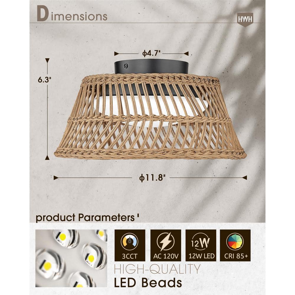 11.8 in. 12-Watt Modern Black Integrated LED Flush Mount Acrylic with Hand-Woven Boho Shade - Hercitys