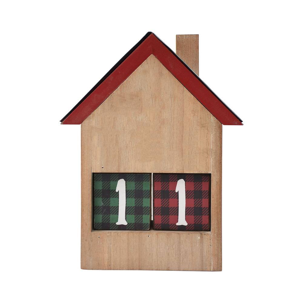 10 in. Brown Wood and Metal House Shaped Christmas Countdown Calendar with Changeable Numbers - Hercitys