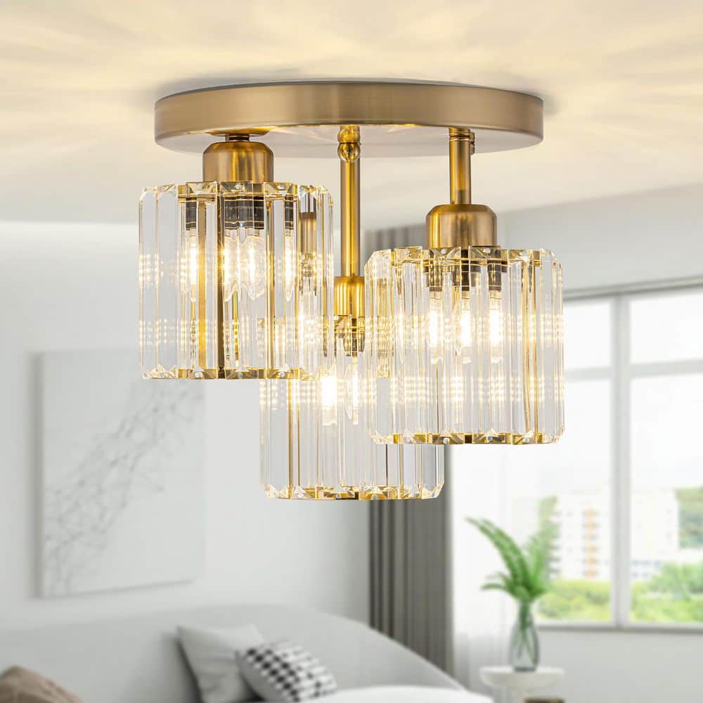 11.22 in. 3-Light Gold Modern/Contemporary Semi-Flush Mount Ceiling Light with Crystal Glass Shade - Hercitys