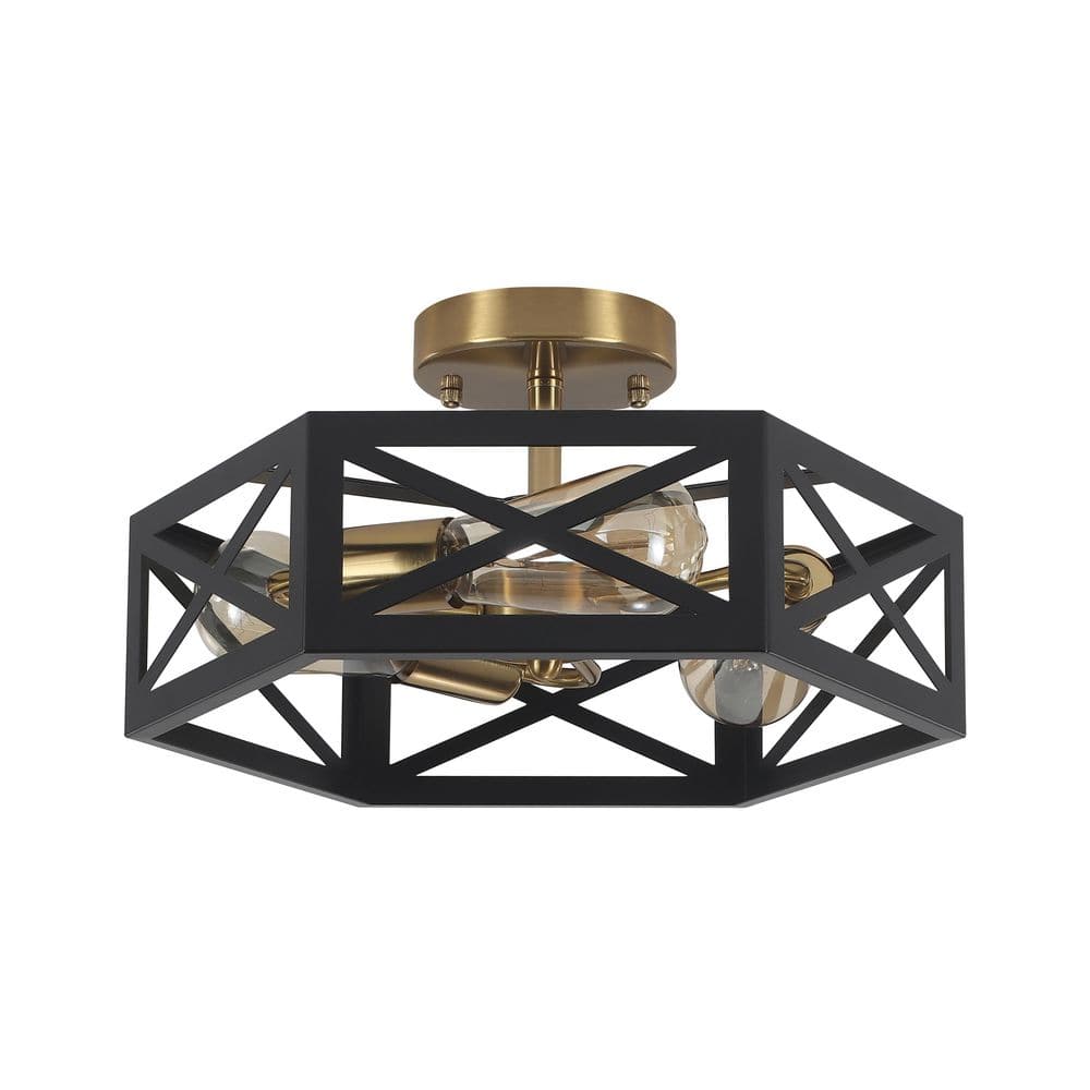 14.57 in. 3-Light Black and Gold Modern Industrial Metal Hexagonal Semi-Flush Mount Ceiling Light - Hercitys