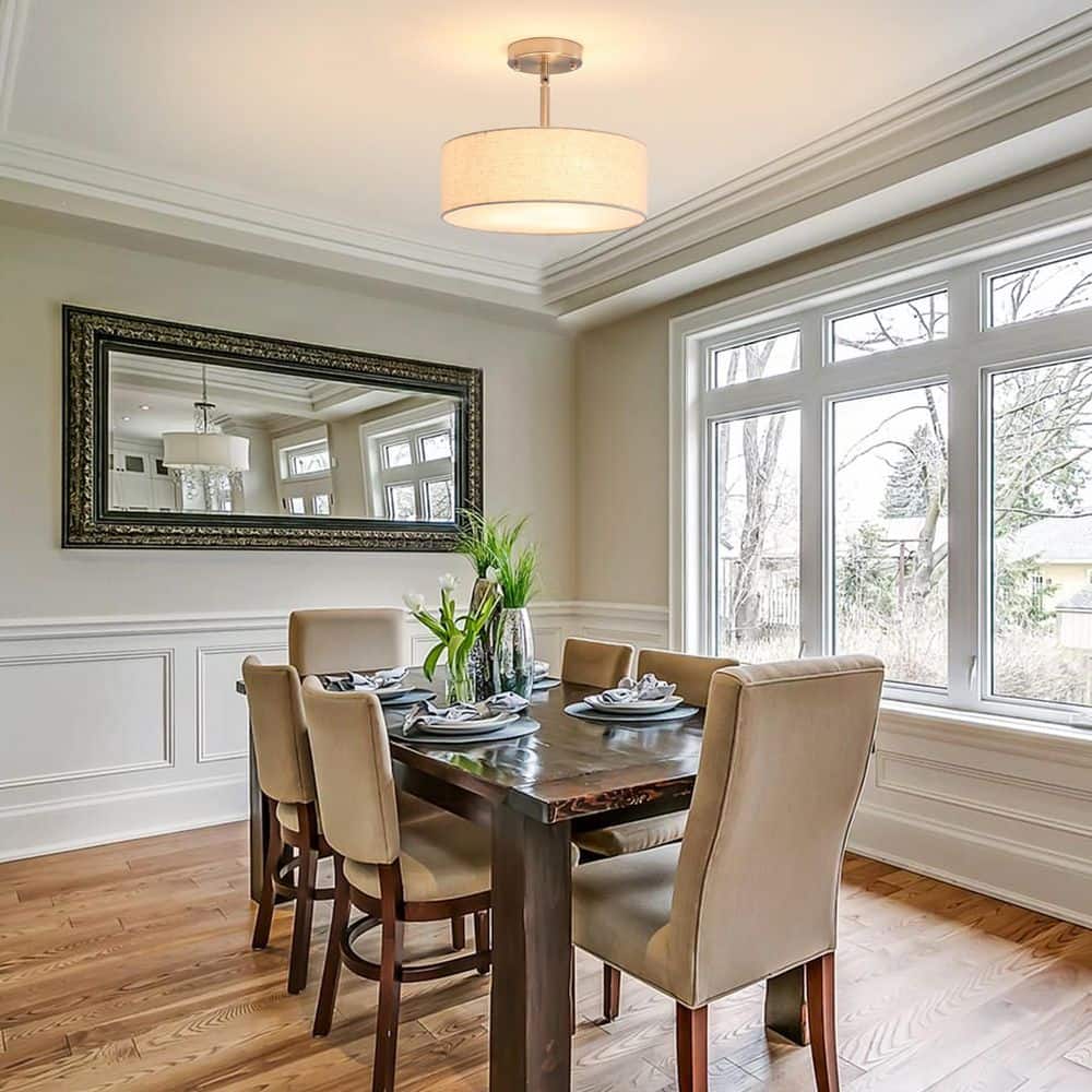 12.6 in. 3-Light Nickel Farmhouse Drum Semi-Flush Mount Light with Linen Cover - Hercitys