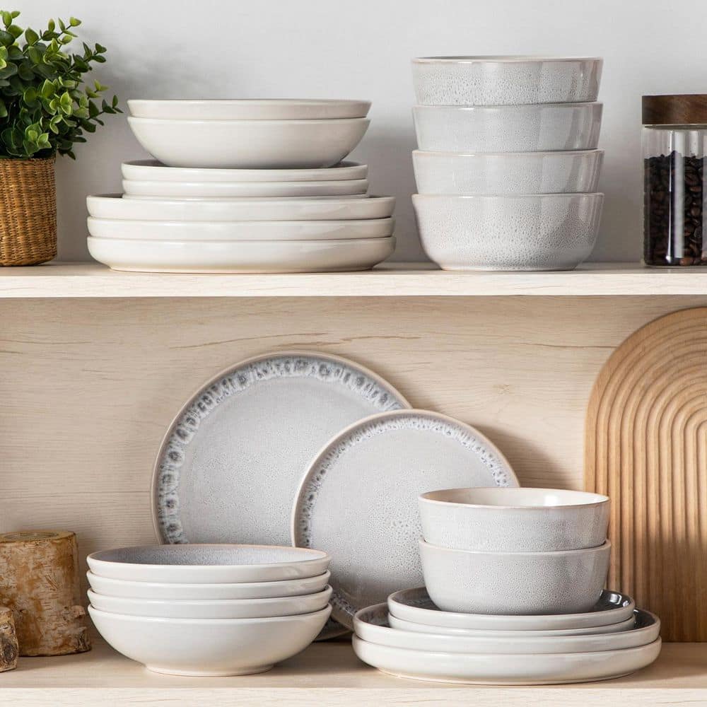 24-Piece Cream White and Beige Stoneware Dinnerware Set Service for 6 Bowls and Plates Set Tableware Dinner Set - Hercitys