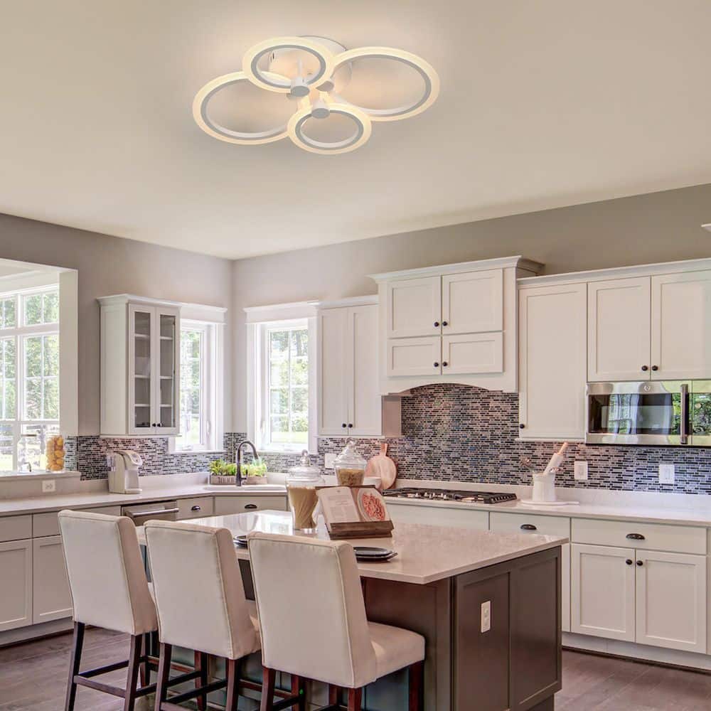 22 in. White Modern Integrated LED 4 Rings Circle Semi- Flush Mount Ceiling Light with Remote Control for Living Room - Hercitys