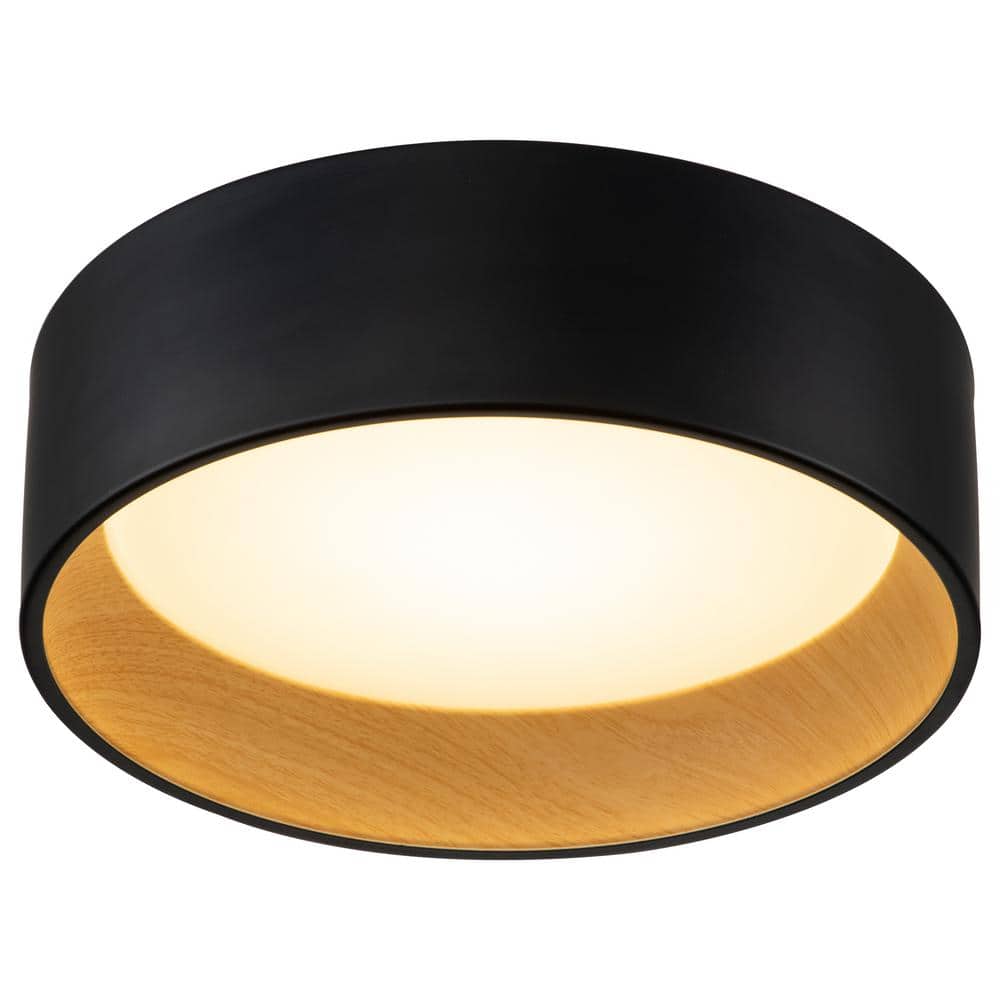 13 in. 1-Light Black and Wood Finish Color Changing 3000K 4000K 5000K Dimmable LED Flush Mount - Hercitys