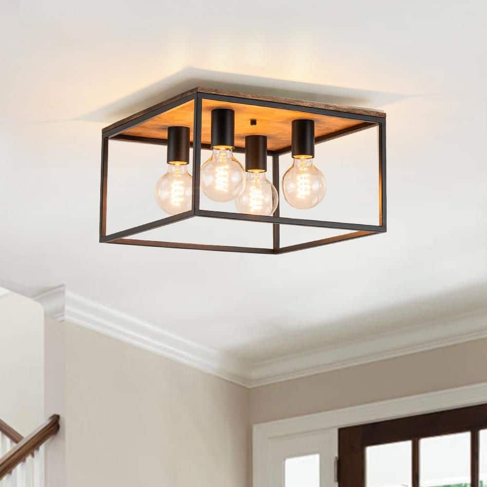 14.57 in. 4-Light Modern Farmhouse Matte Black Flush Mount Ceiling Fixture with Metal Frame and No Bulbs Included - Hercitys