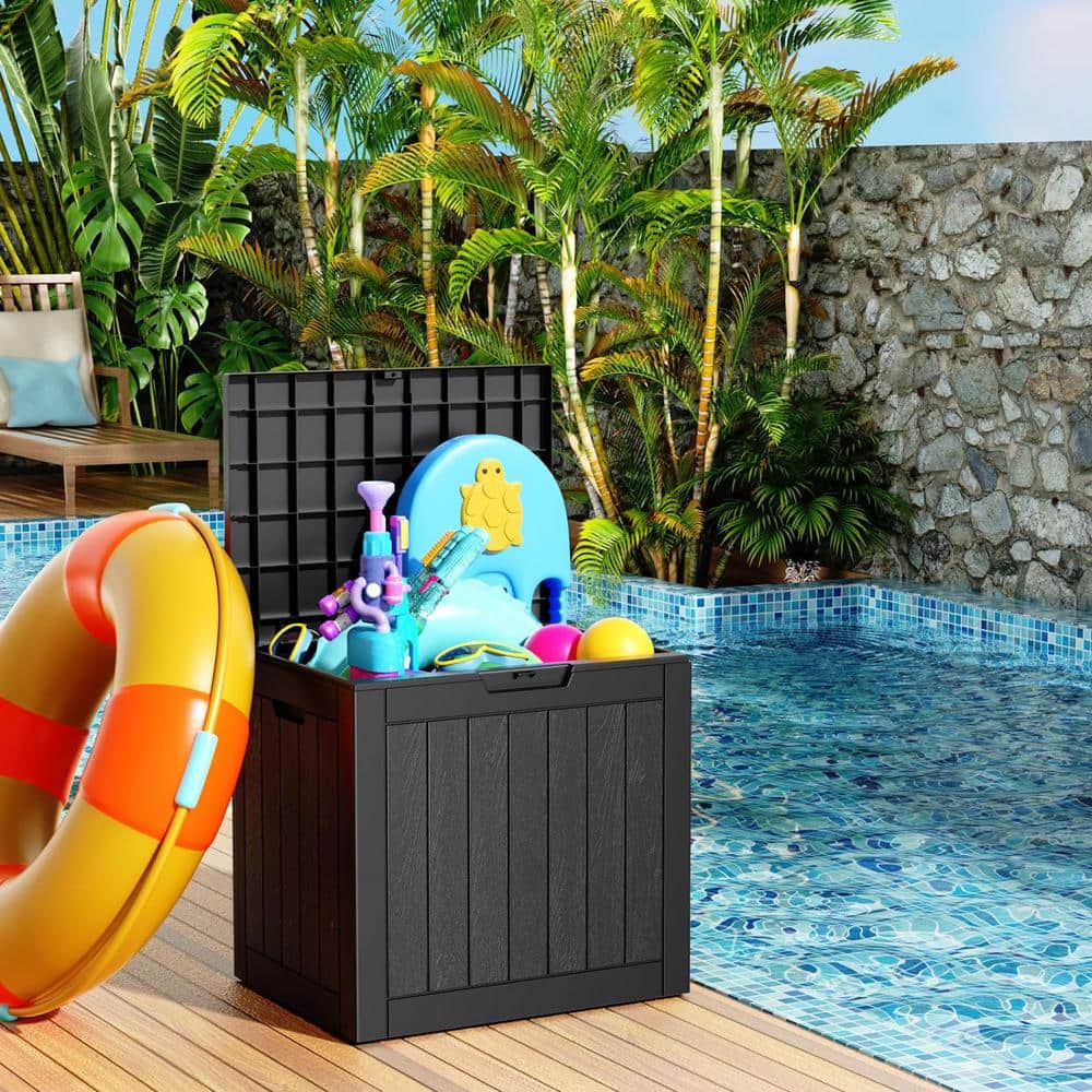 31 Gal. Black Resin Deck Box Lockable for Patio Furniture, Garden Tools and Toys Storage - Hercitys