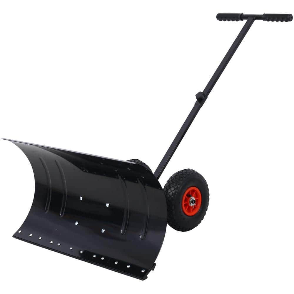 47 in. Sheet Metal Handle Steel Snow Shovel Rolling Pusher with 29 in. Blade and 10 in. Wheels in Black and Red - Hercitys