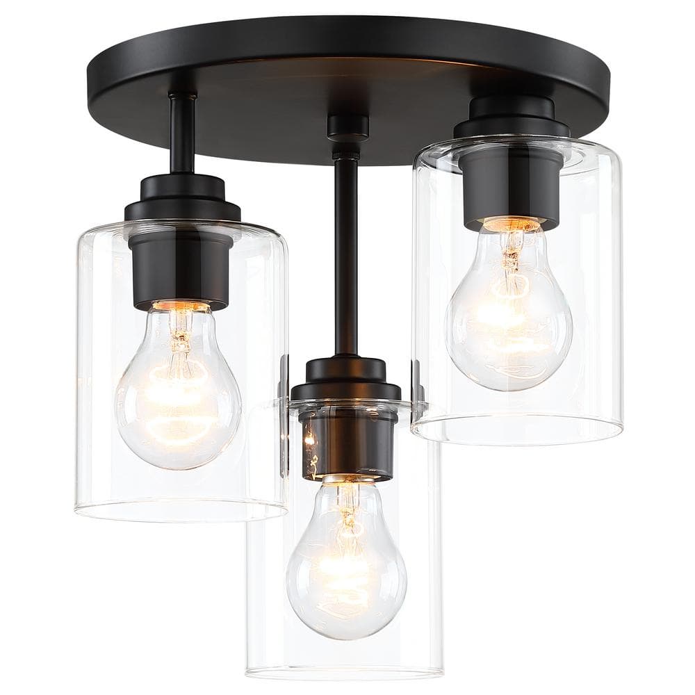 11 in. 3-Light Modern Black Flush Mount Ceiling Light with Clear Glass Shades - Hercitys