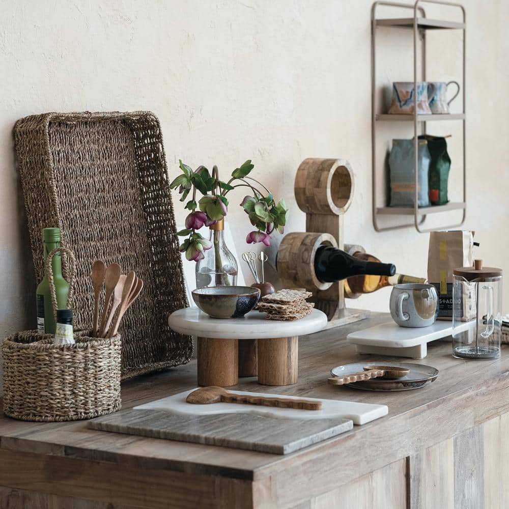 1-Tier White and Brown Round Marble and Wood Cake Stand - Hercitys