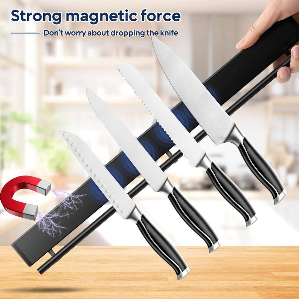 12-Knife 23 in. Stainless Steel Magnetic Knife Holder with 15 Hooks, Black Knife Magnetic Strip, Magnetic Knife Bar - Hercitys
