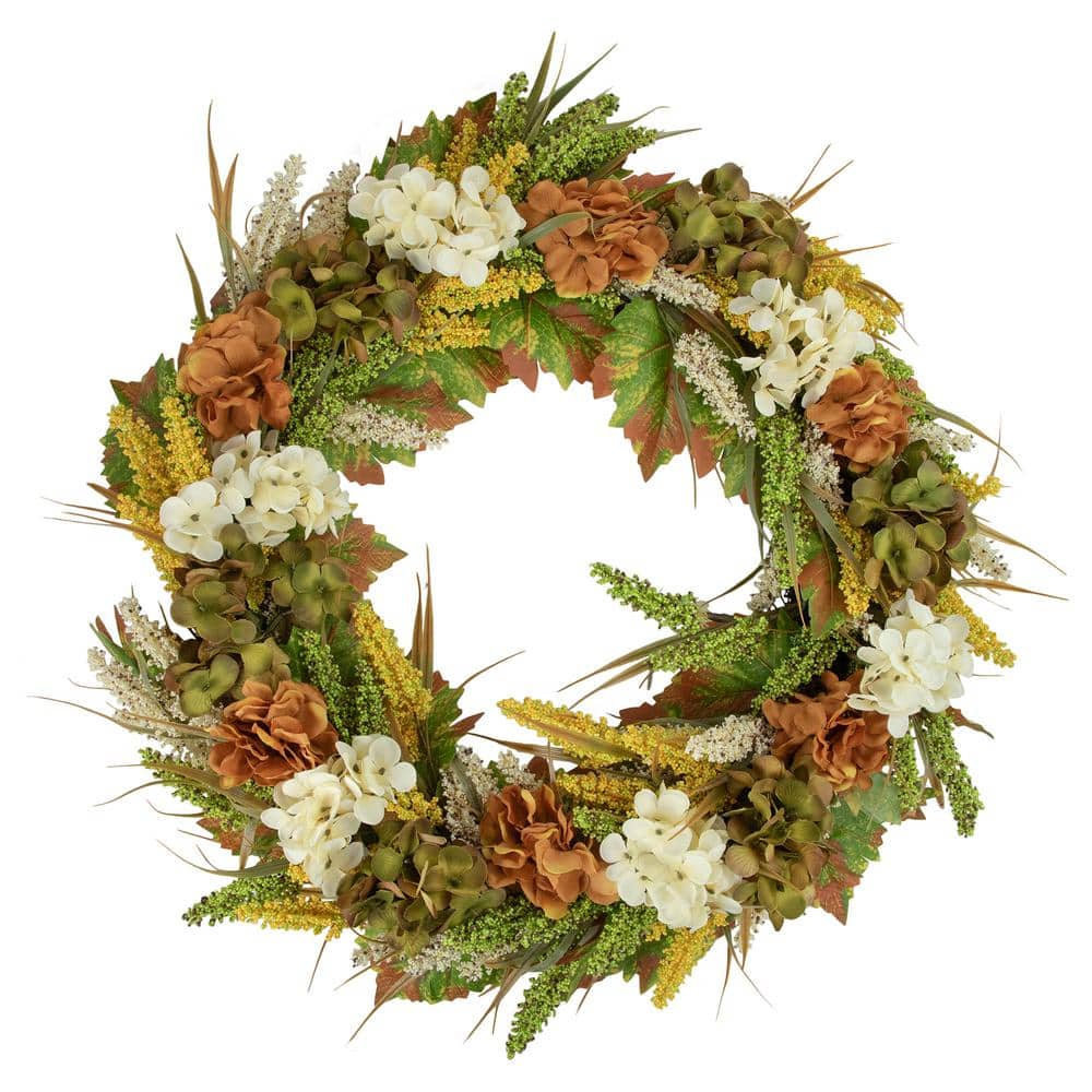 28 in. Unlit White and Orange Hydrangea Artificial Fall Harvest Twig Wreath - Hercitys