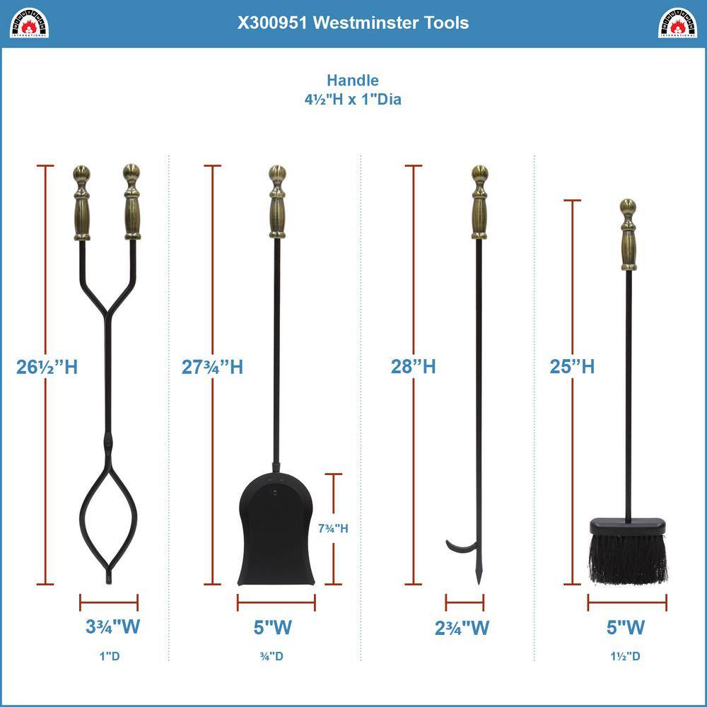 30 in. Tall 5-Piece Black and Antique Brass Westminster Fireplace Tool Set - Hercitys