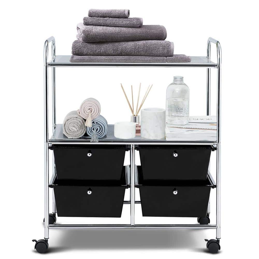 3-Tier Metal 4-Wheeled Rolling Storage Cart Rack Shelf with 4 Drawers in Black - Hercitys