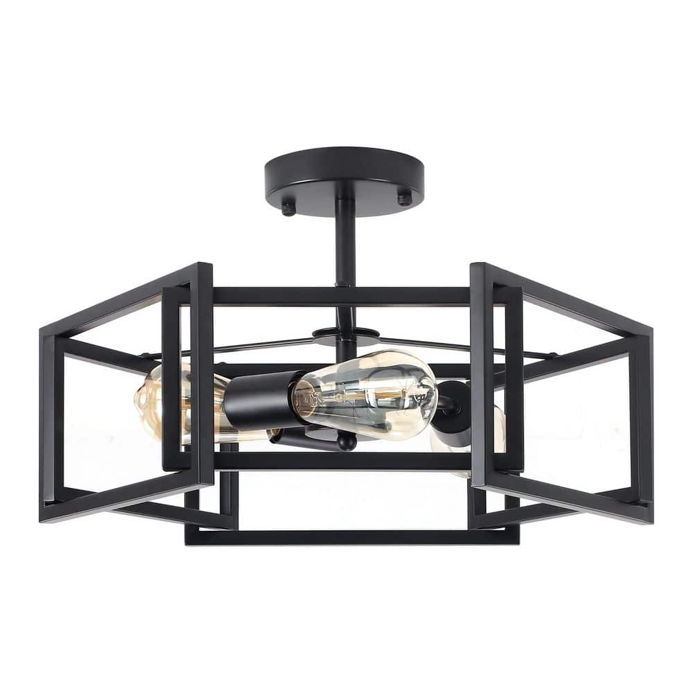 18.11 in. 3 Light Matte Black Modern Farmhouse Hexagon Semi-Flush Mount Ceiling Light - Hercitys