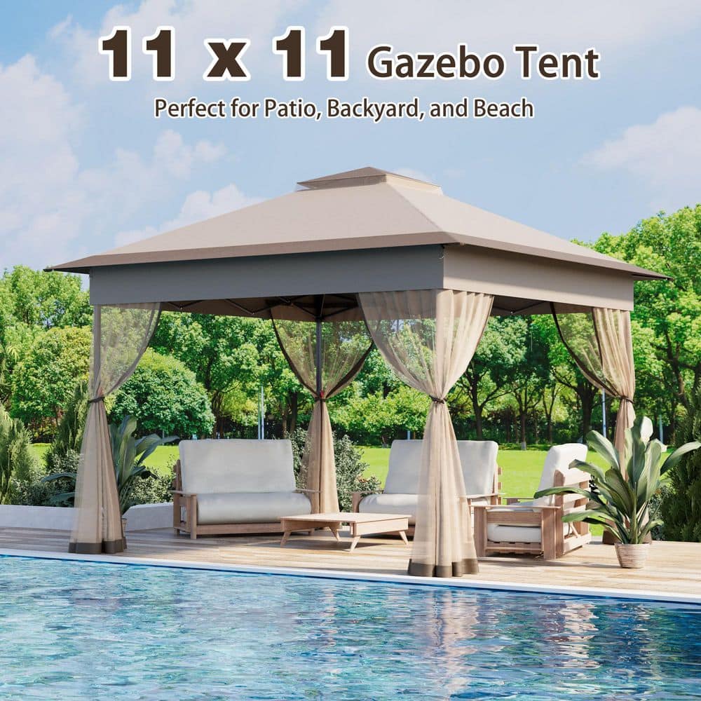 11 ft. x 11 ft. Khaki Pop-Up Gazebo Tent with Mosquito Netting - Hercitys